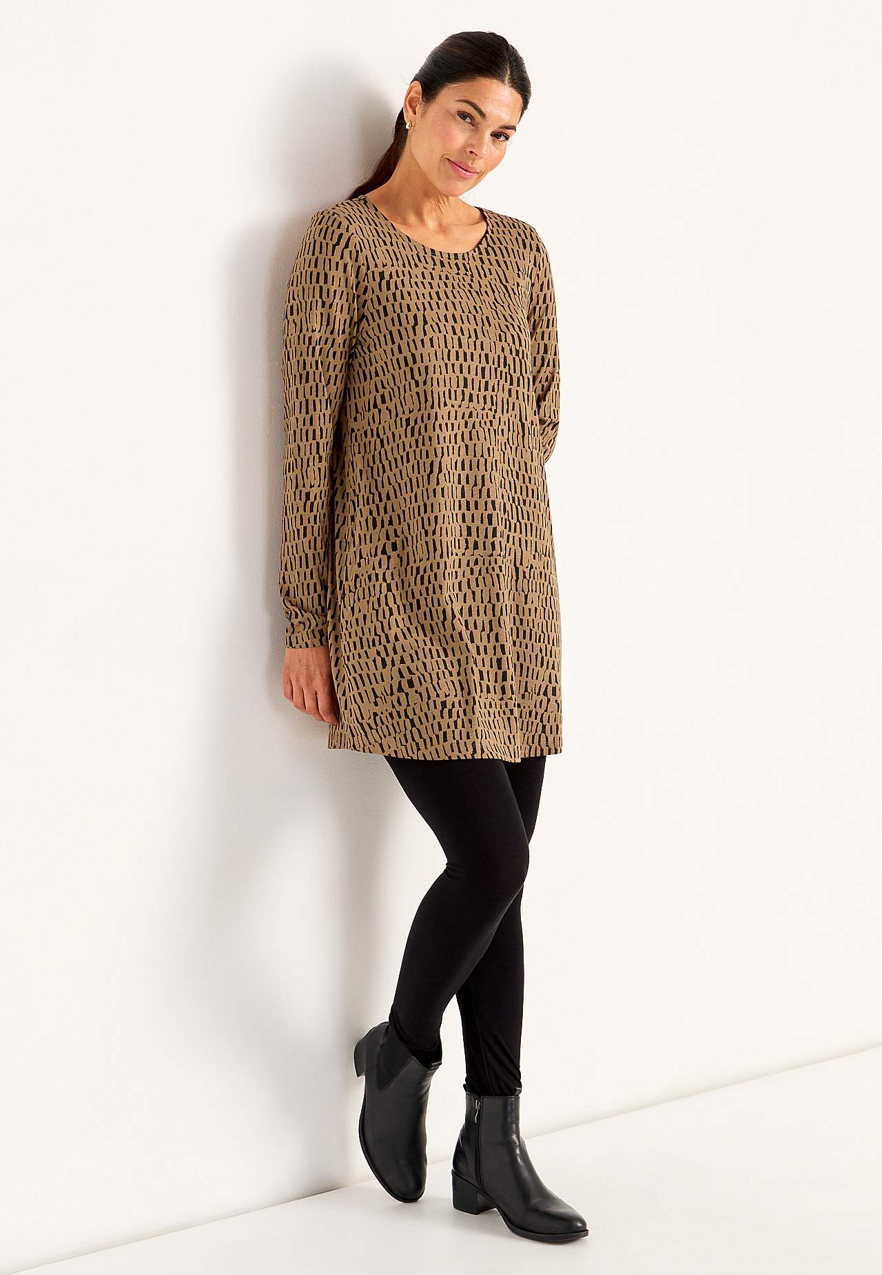 Wzorzysta tunika z dżerseju z kieszeniami