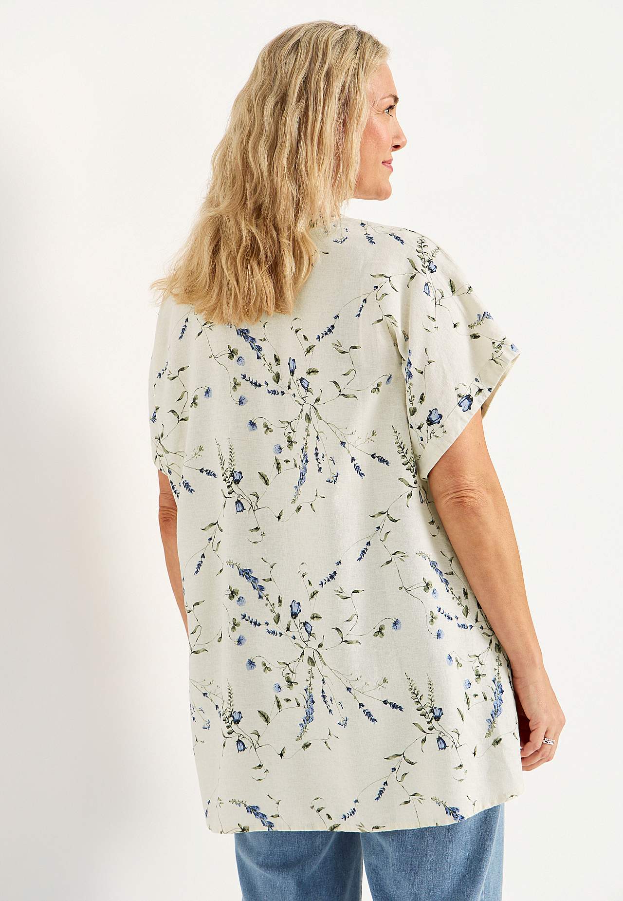 Kwiecista lniana tunika z guzikami