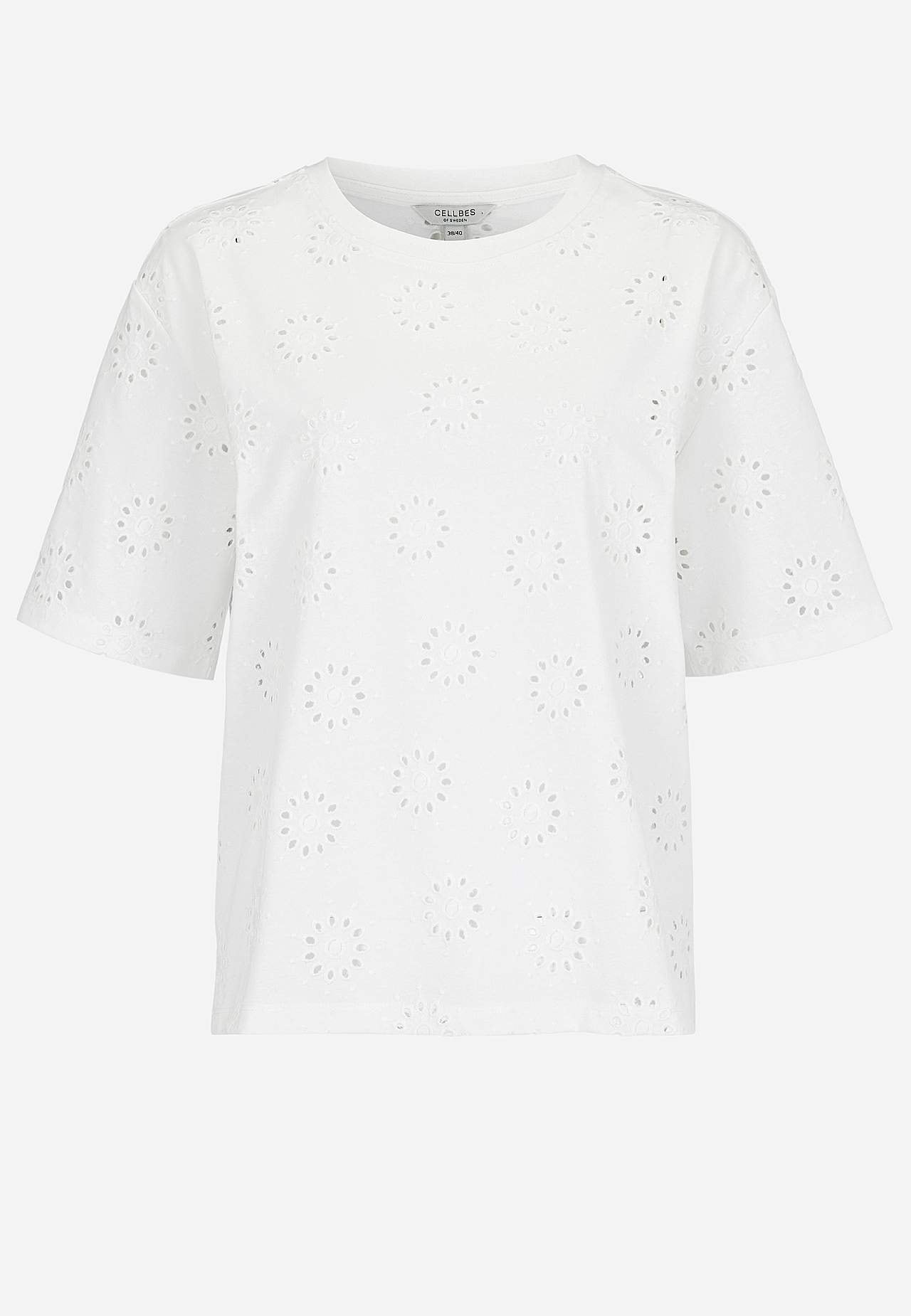 Top z dżerseju z haftowanym ażurowym wzorem